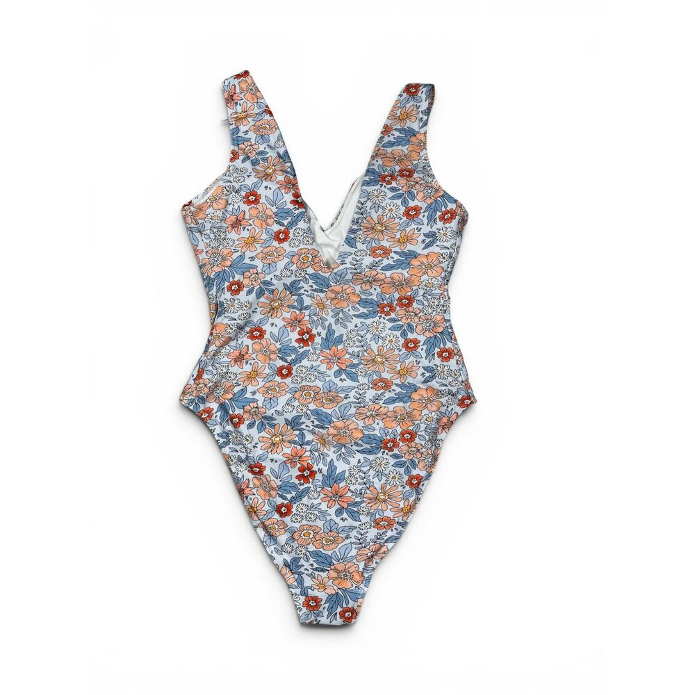 Laslulu Floral One Piece Swimsuit L Blue Orange V Neck High Cut NWT
